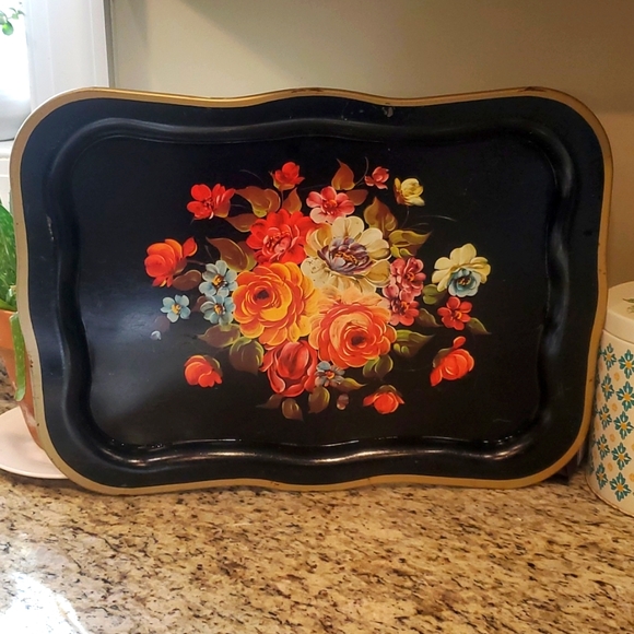 Vintage Tole Floral Tray Toile - Picture 1 of 8